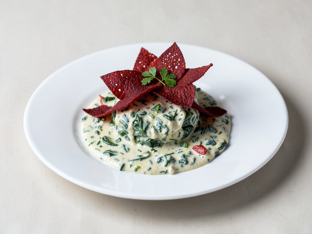 Spinacio cremoso con chips croccanti di barbabietola