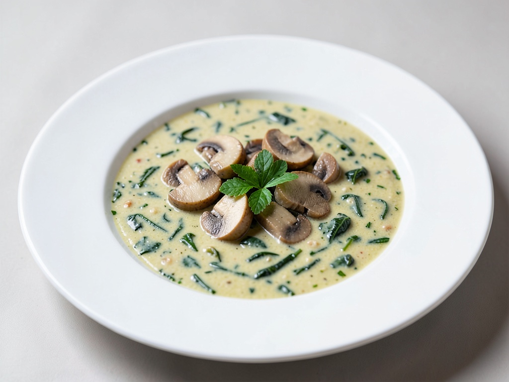 Zuppa cremosa di spinaci con funghi champignon
