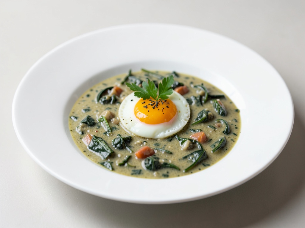 Zuppa cremosa agli spinaci con uovo poché