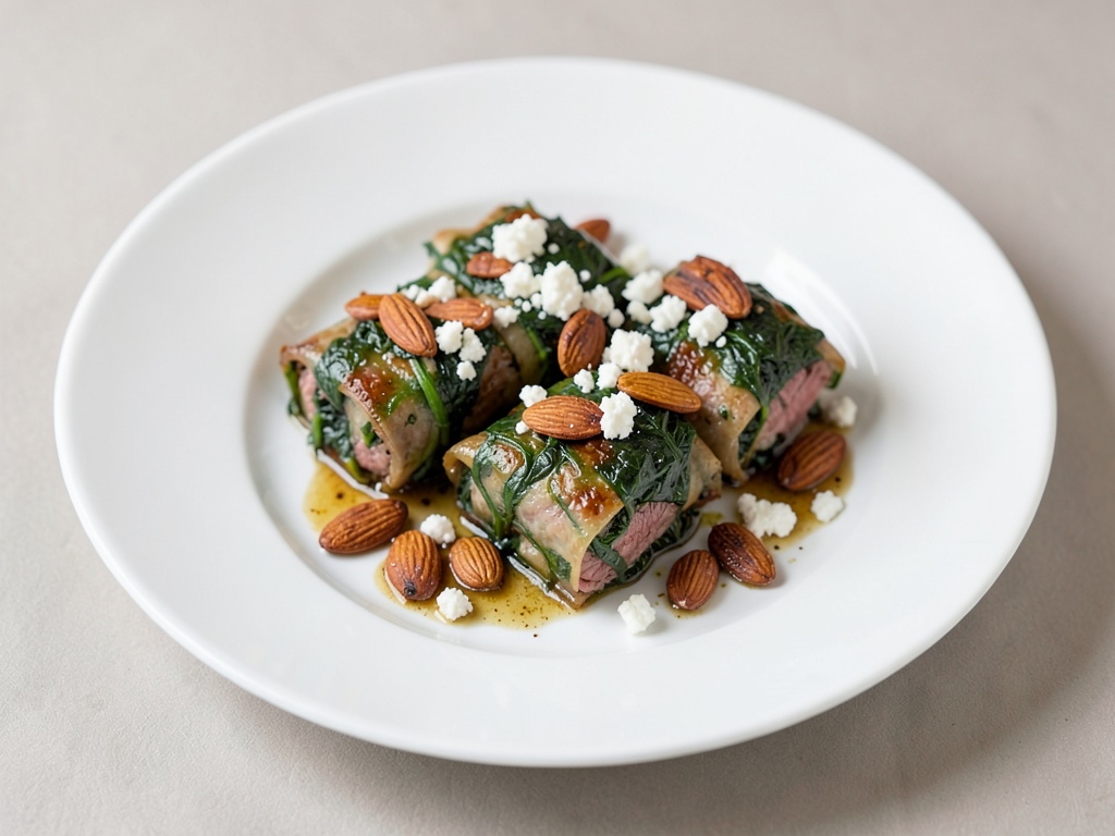 Poches de viande et épinards au feta et amandes rôties