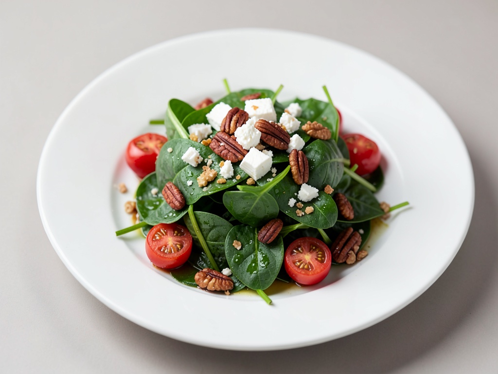 Insalata fresca di spinaci con pecan tostati, feta e pomodorini