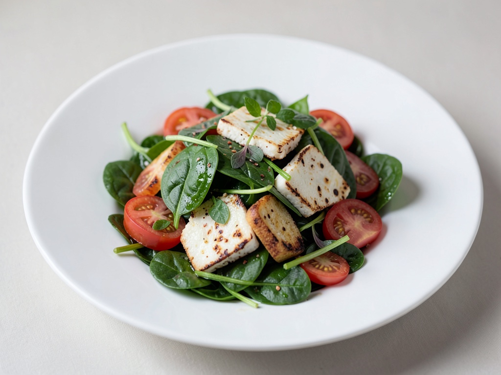 Salade fraîche aux tomates et épinards avec halloumi grillé