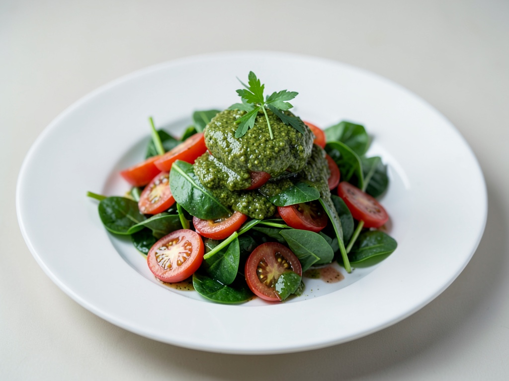 Insalata fresca di spinaci e pomodorini con vinaigrette al pesto