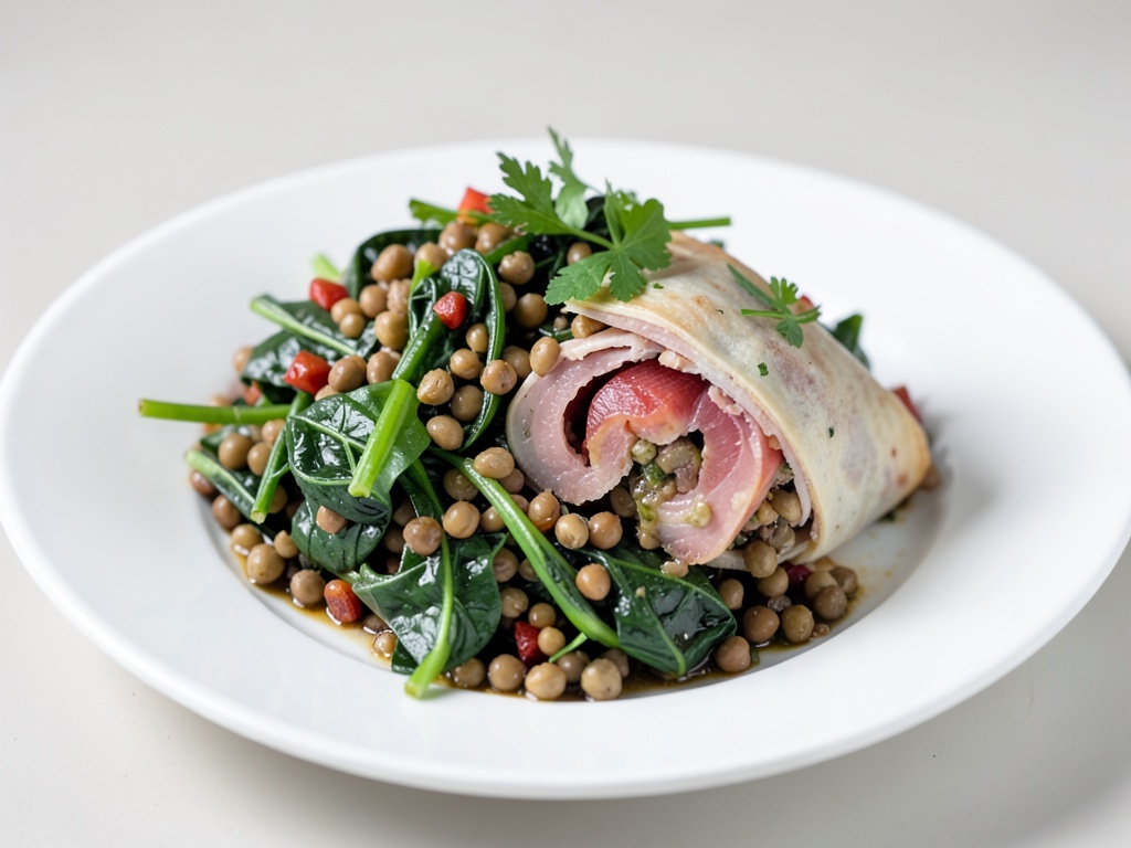 Spinaci con lenticchie e persico in crosta di prosciutto