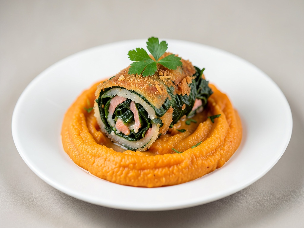 Crumble di salmone e spinaci con purè di carote