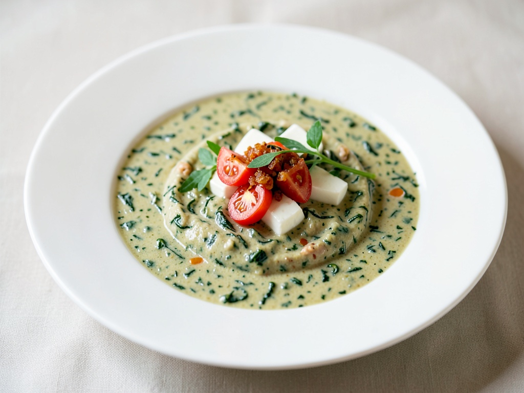 Zuppa cremosa di spinaci con gremolata fresca di pomodori e mozzarella