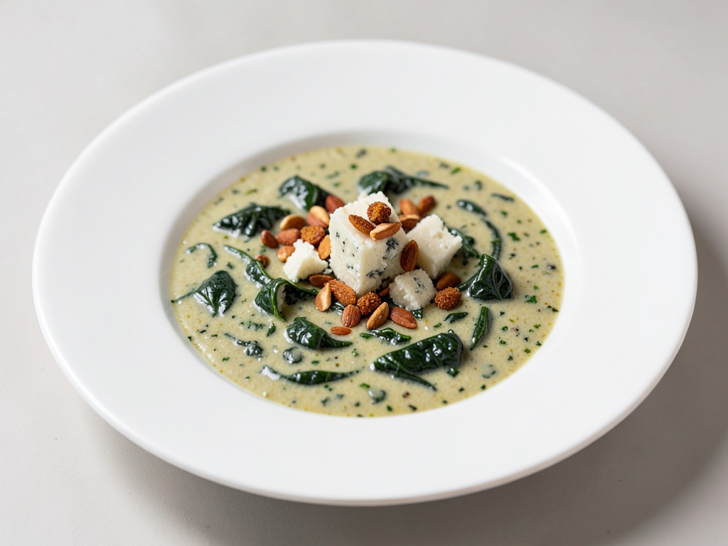 Zuppa cremosa di spinaci con pinoli tostati e formaggio erborinato