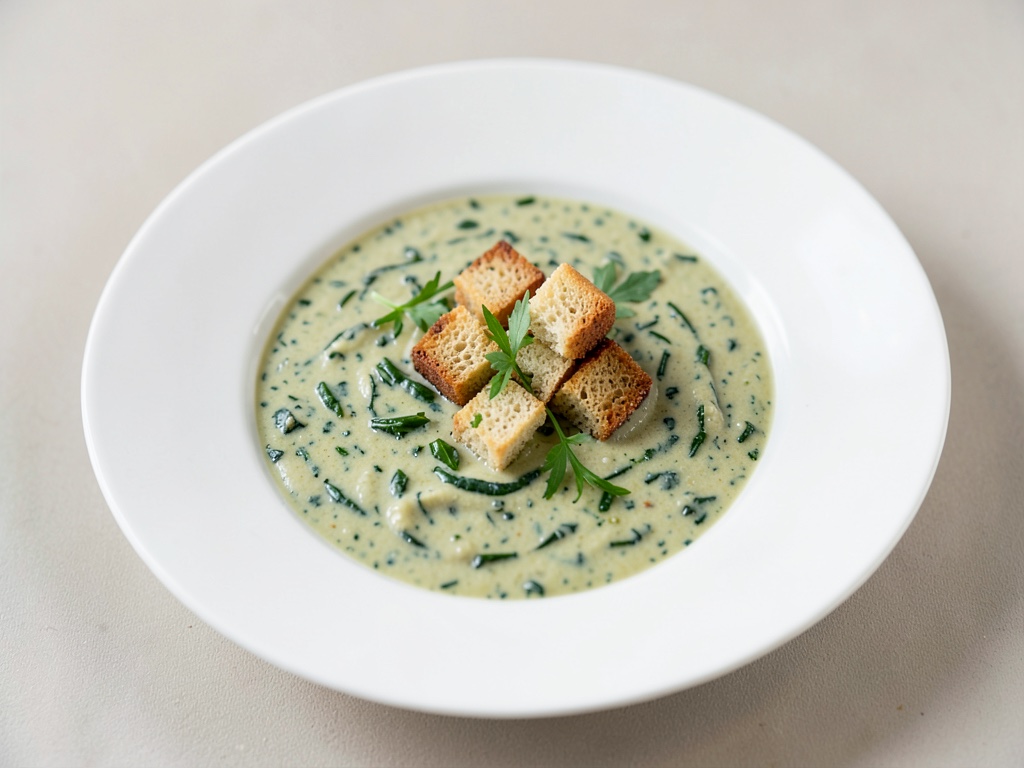 Soupe crémeuse à l'épinard avec pain grillé croustillant