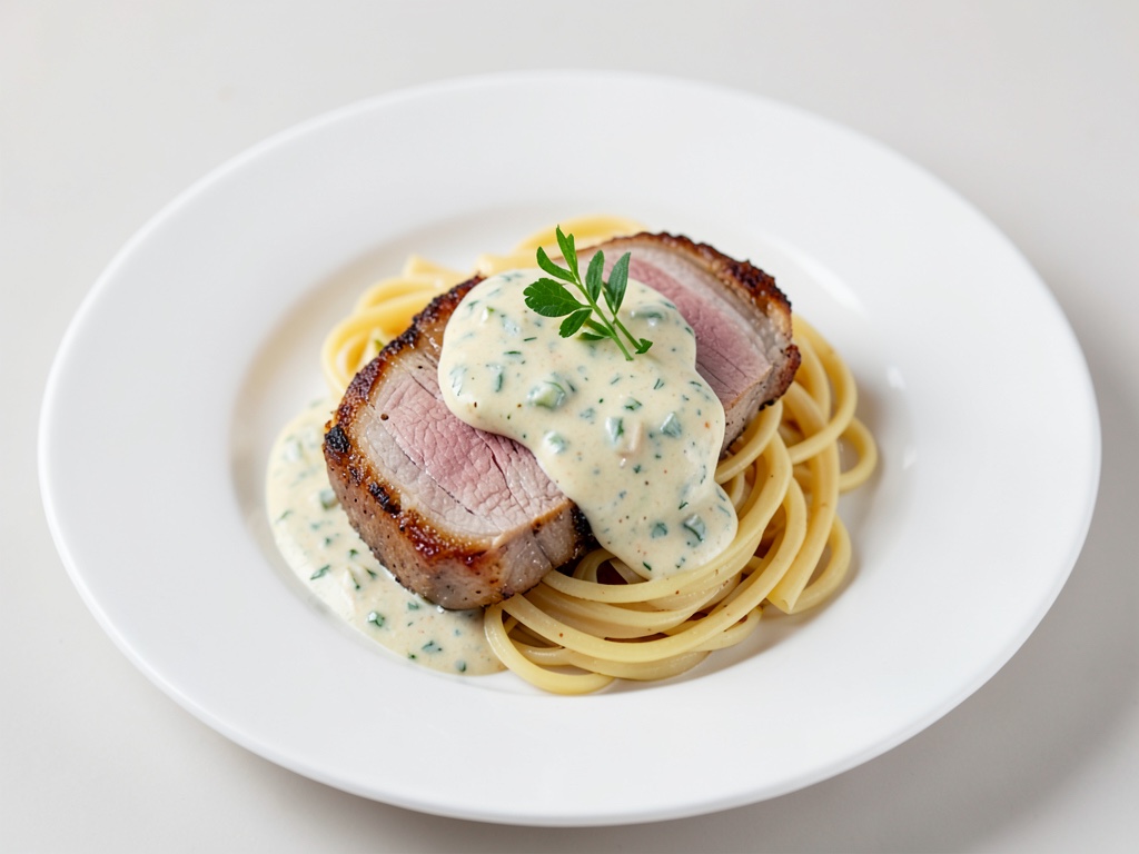 Straccetti di tacchino con salsa cremosa di mela e sedano e spaghetti a spirale