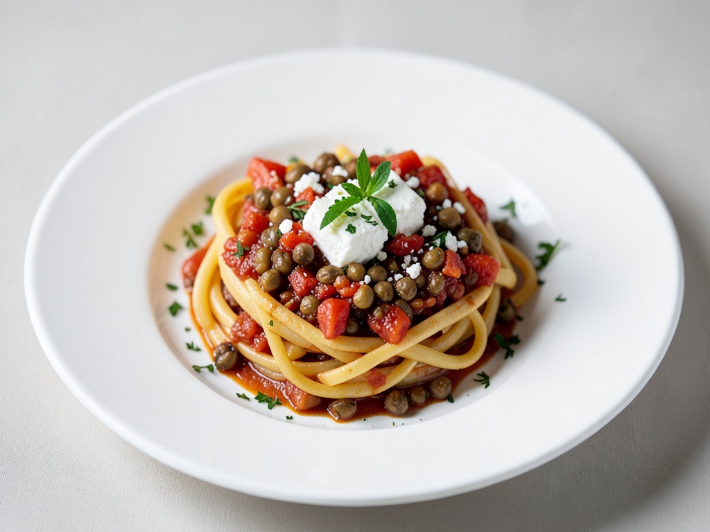 Pasta Spirelli con salsa di pomodori e lenticchie e Feta