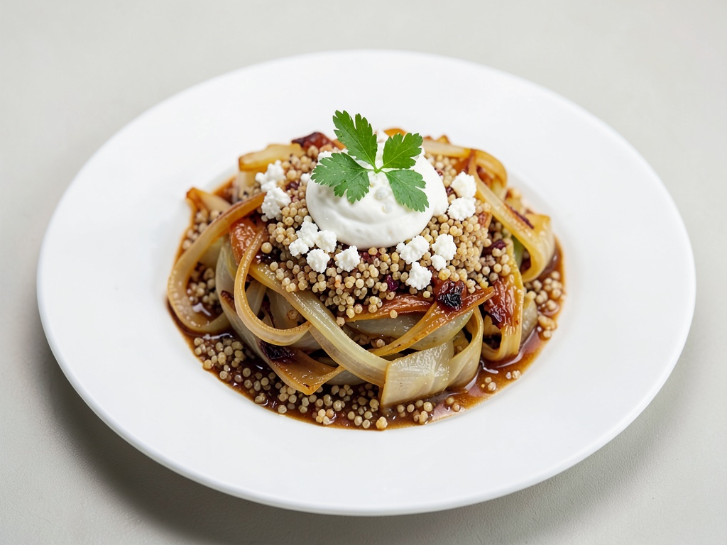 Pezzi di cavolo cappuccio caramellizzati con quinoa e yogurt al feta