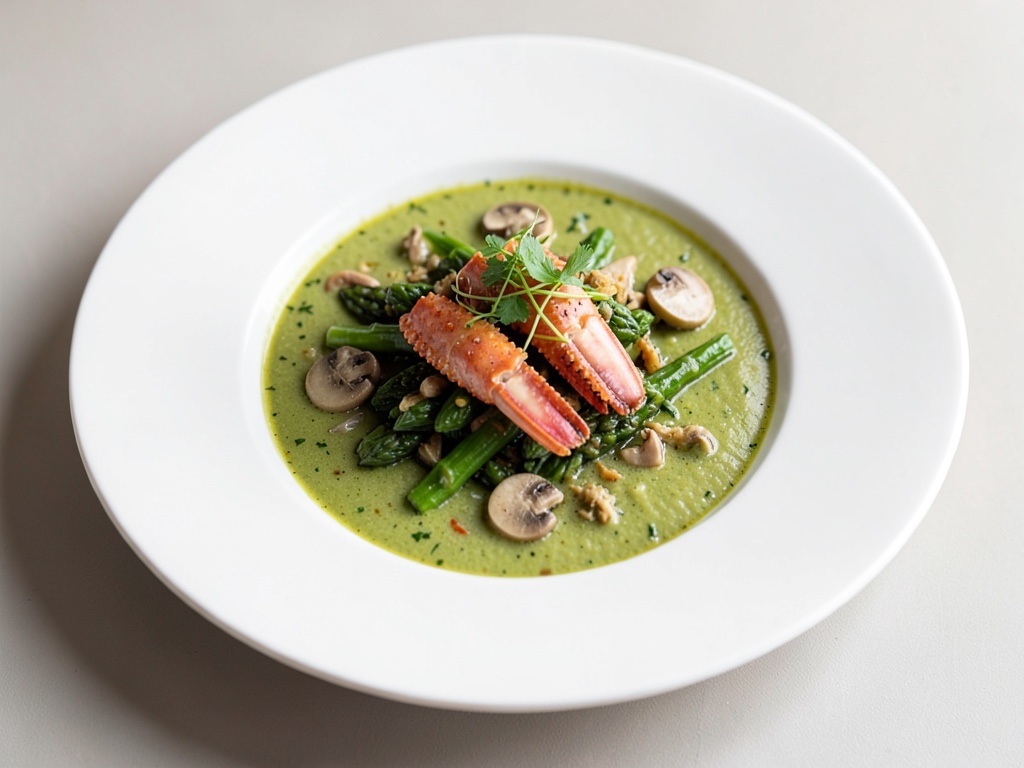 Zuppa di asparagi con gamberi di fiume e funghi Mu-Er