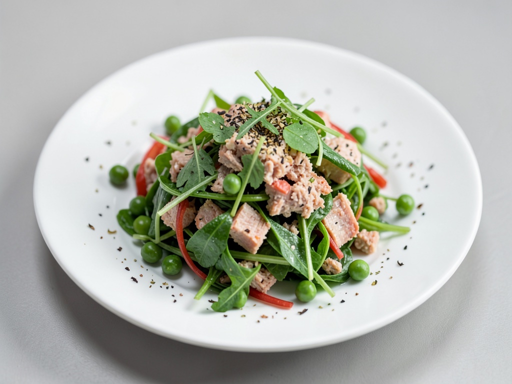 Insalata fresca di germogli di piselli con piselli e carne di granchio
