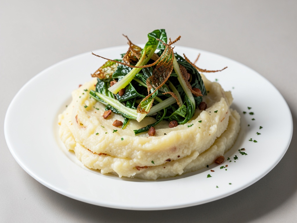 Patate schiacciate morbide con insalata di cicoria croccante