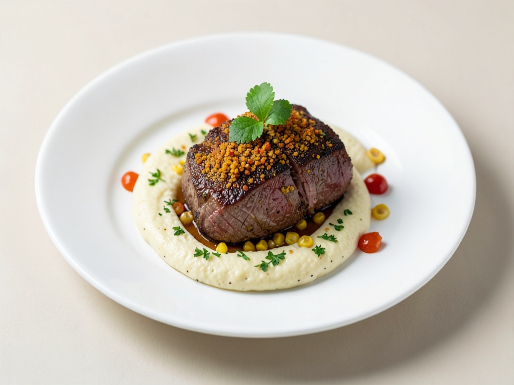 Bistec con crosta speziata e mousse di mais