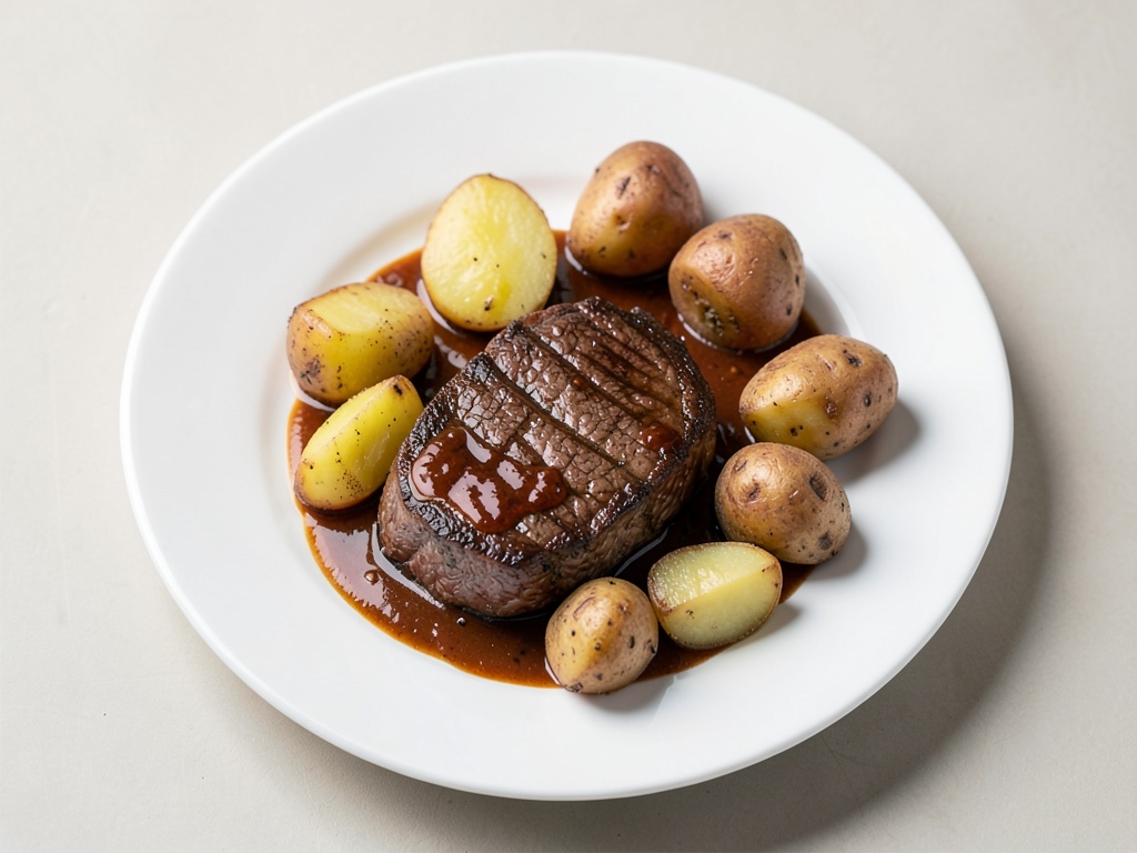 Bistec alla salsa di vino con patate croccanti
