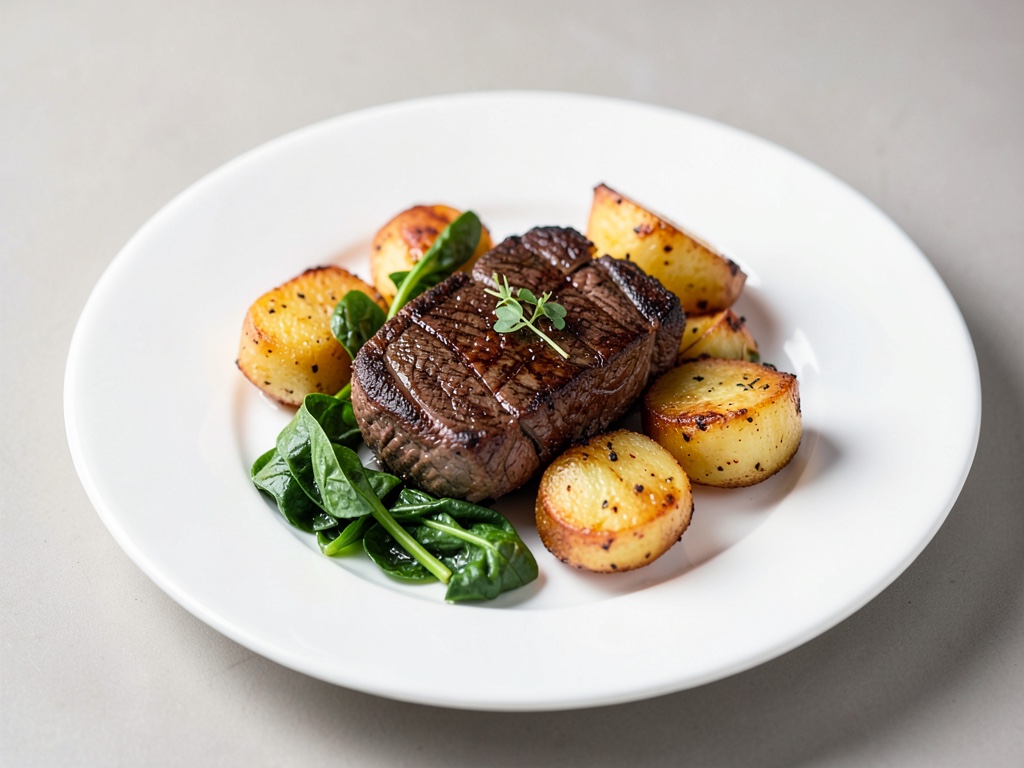 Steak juteux avec pommes de terre croustillantes et épinards