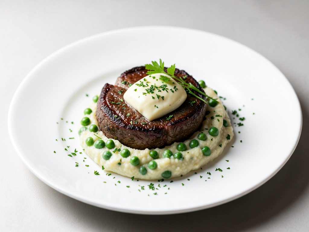 Bistec succulento con burro alle erbe e purè cremoso di piselli e patate