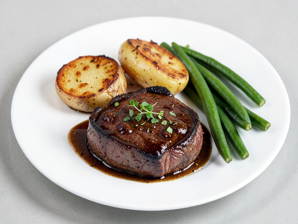 Bistec succoso con patata al forno croccante e fagiolini freschi