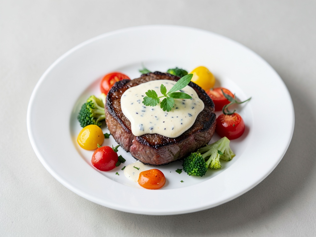 Bistec succulento con salsa al pepe cremosa e verdure fresche