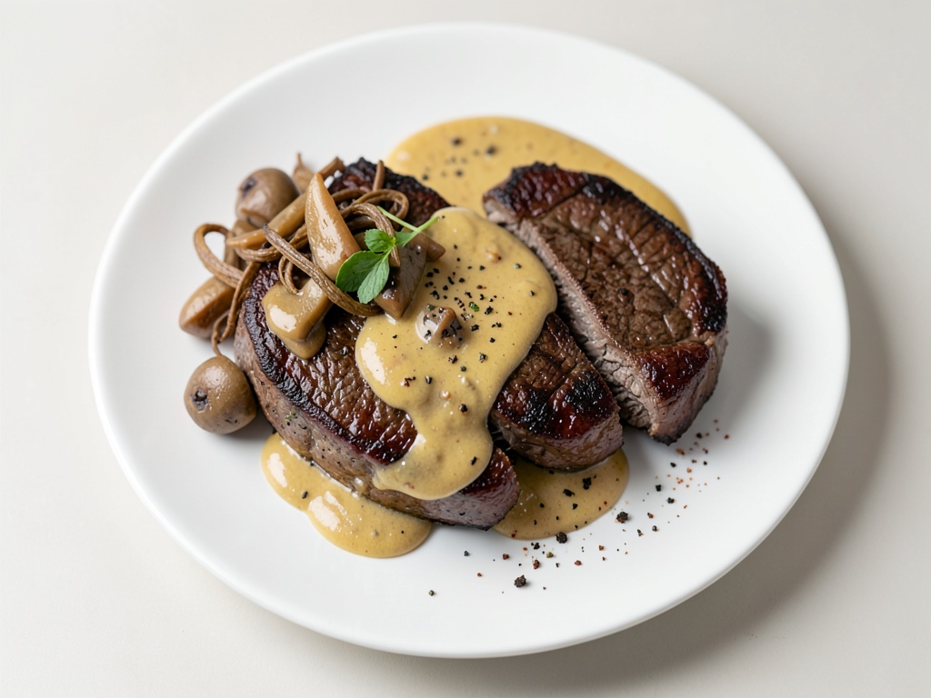 Bistec di scottona succoso con salsa cremosa di morelli e funghi