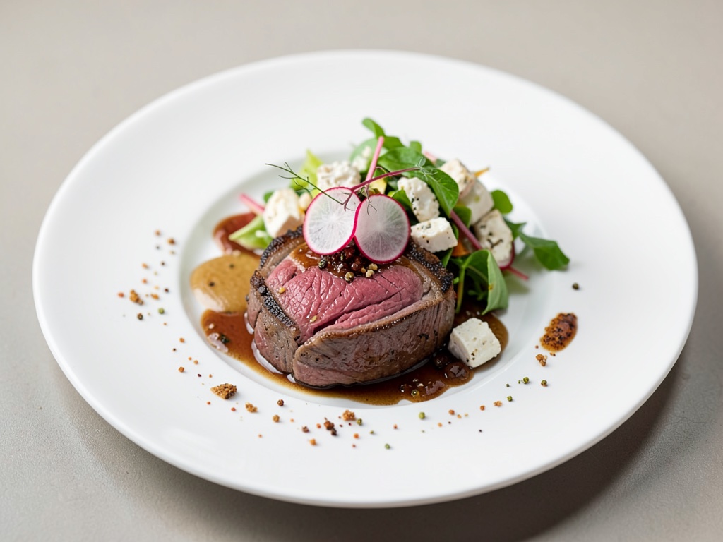 Bistecca rosa con insalata croccante di ravanello e formaggio di capra