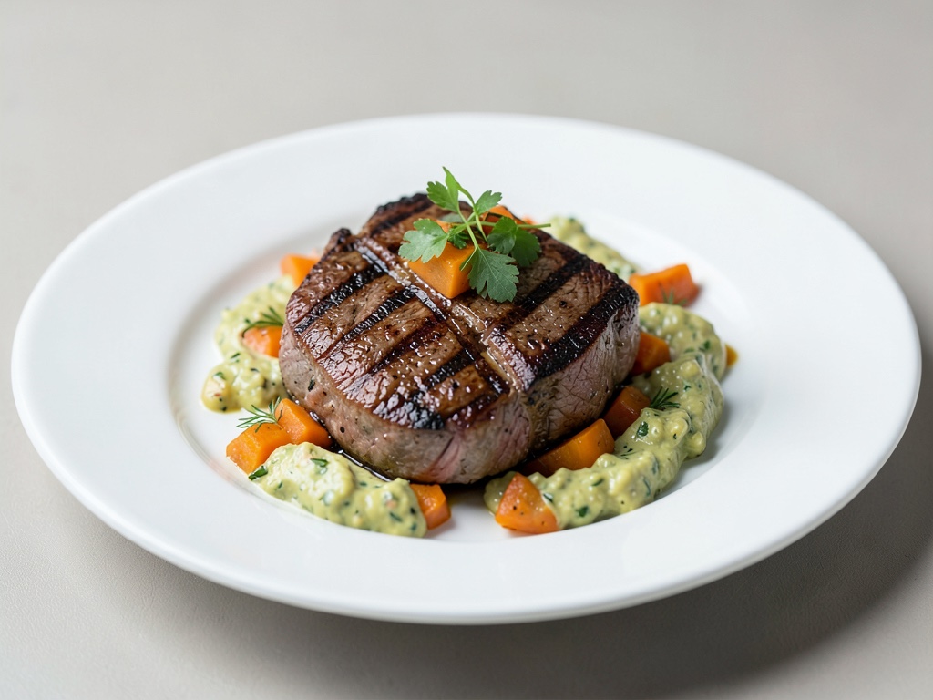 Manzo alla griglia con zucca e crema di avocado