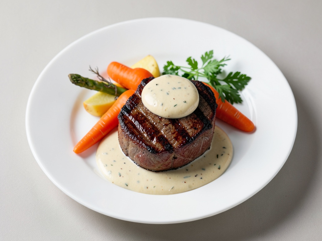 Steak grillé avec sauce béarnaise et carottes