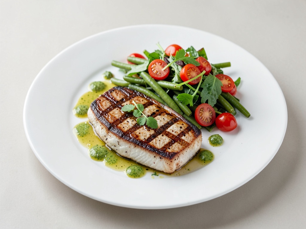 Bistec di pesce spada alla griglia con insalata tiepida di fagioli e pomodori