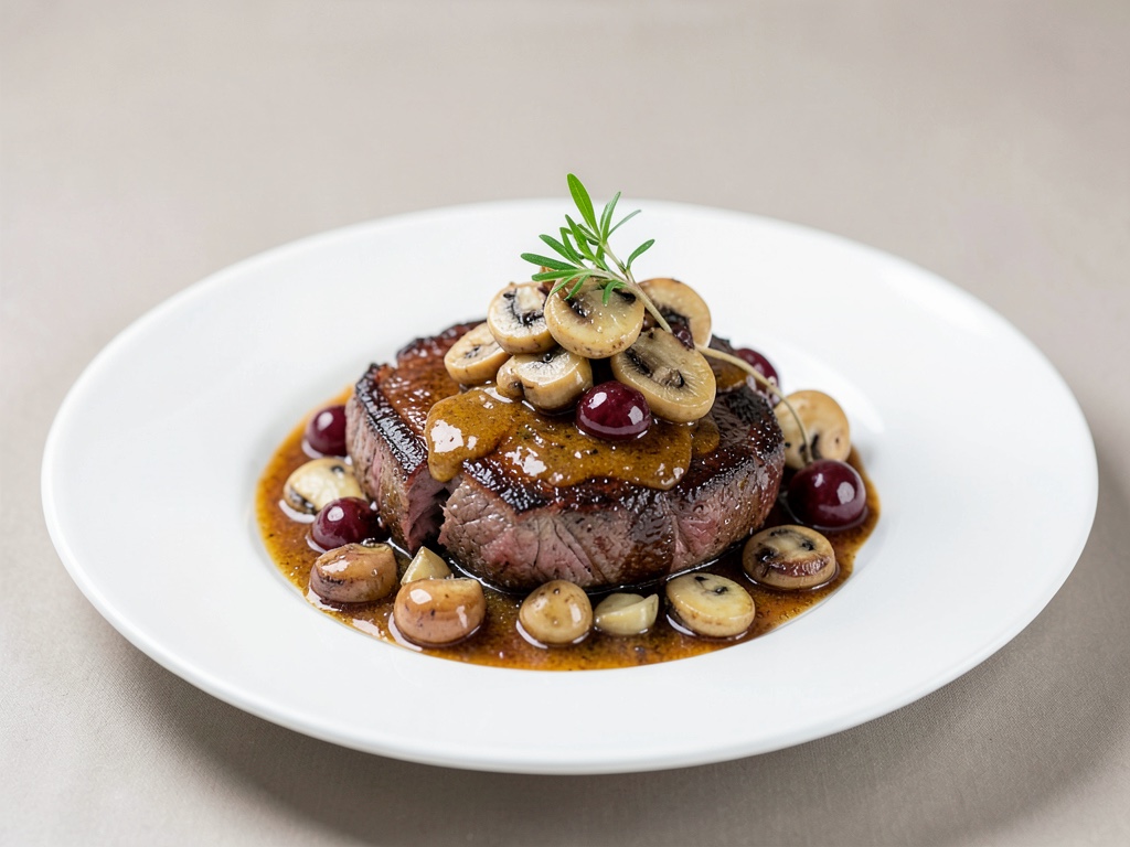 Bistecca di struzzo con salsa ai funghi e uva