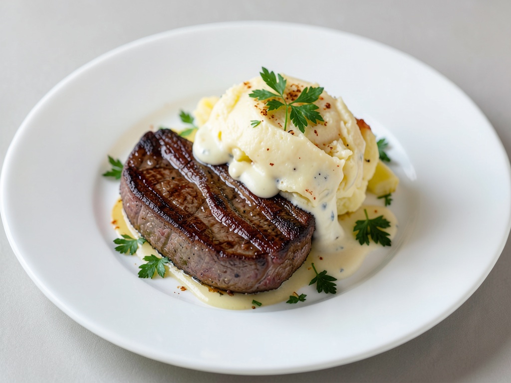 Bistecche di manzo succose con gratin di patate cremoso