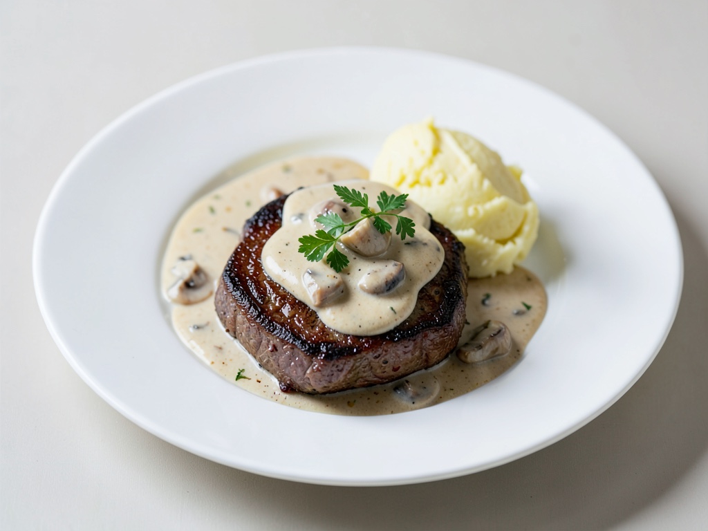 Bistecche di manzo succulente con salsa cremosa ai funghi e purè di patate