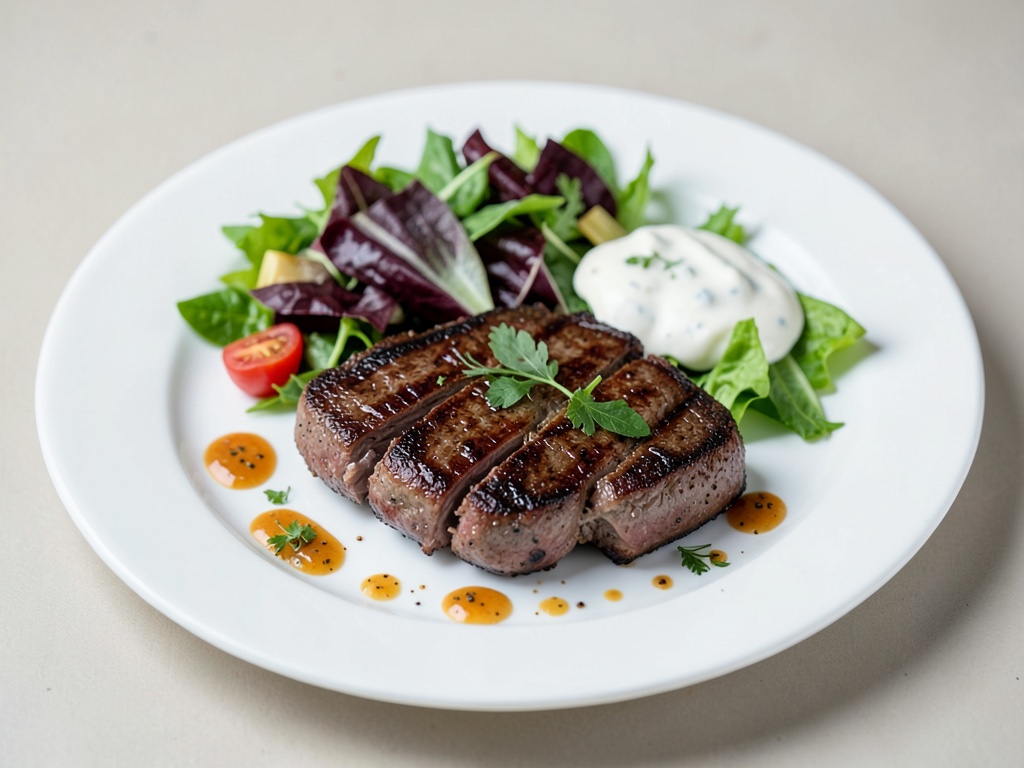 Biftecks grillés avec salade fraîche et sauce au yaourt