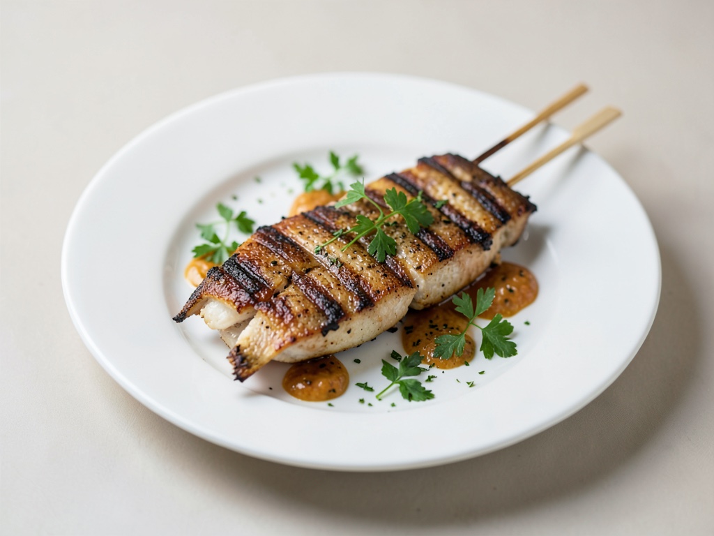 Pesce alla griglia su spiedini di legno
