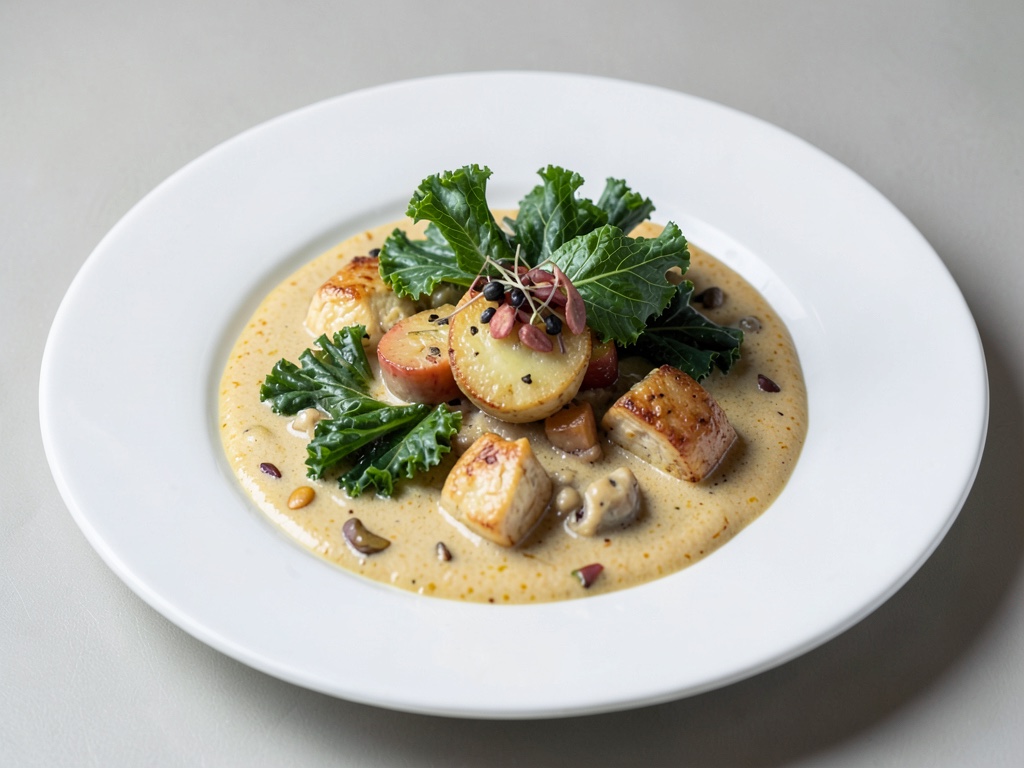Curry cremoso di rapa, cavolo riccio e pollo