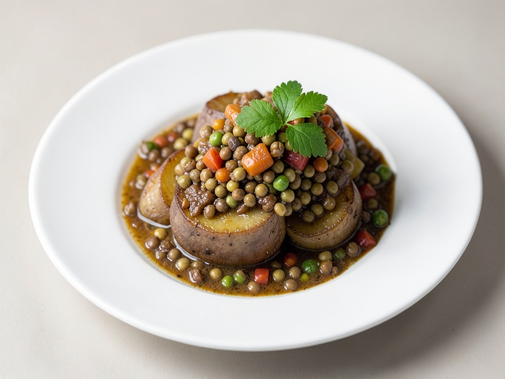 Raves braisées avec une fine marinade de lentilles et légumes