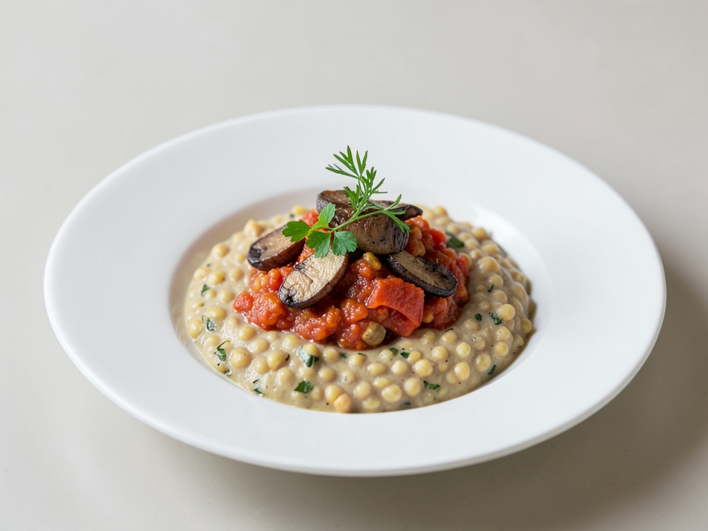 Lenticchie cremose con verdure di pomodori e porcini