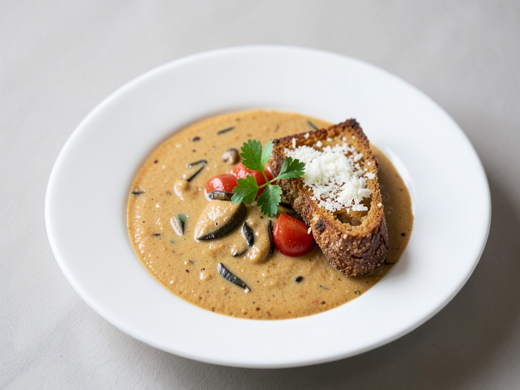 Zuppa cremosa di porcini e pomodori con ciabatta al parmigiano croccante