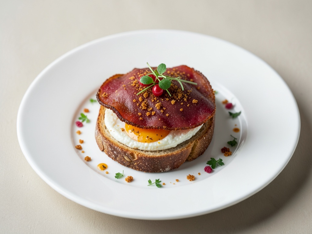 Huevos crujientes de Bresaola sobre pan tostado