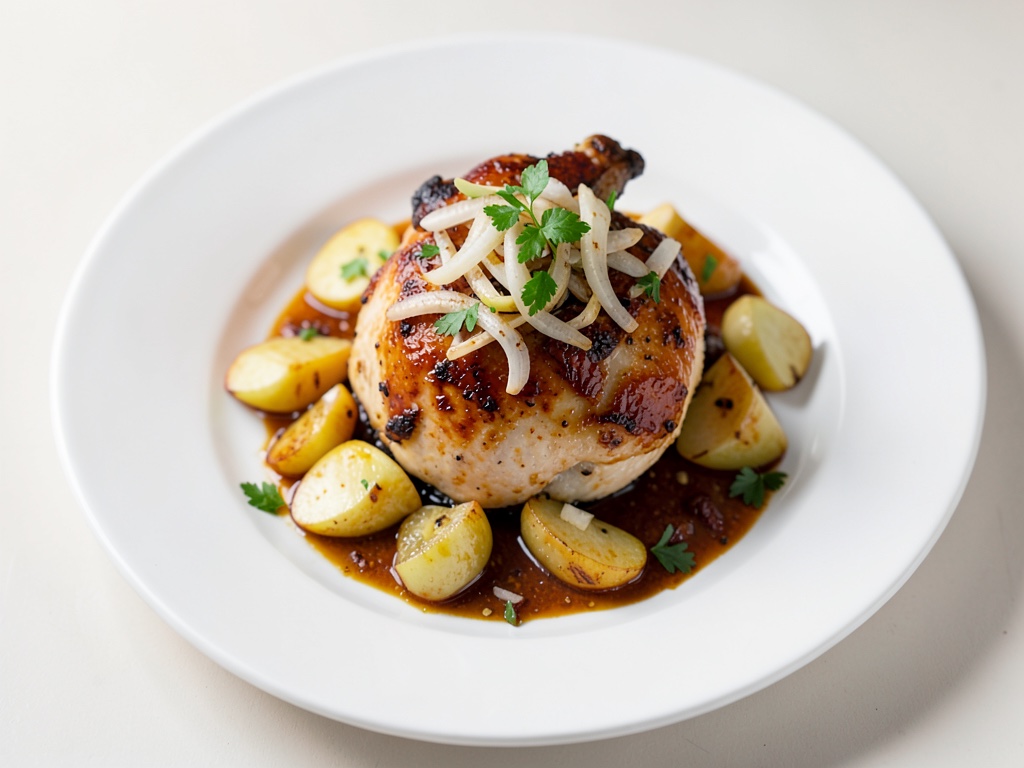 Pollo al forno con guarnitura di mela e cipolla