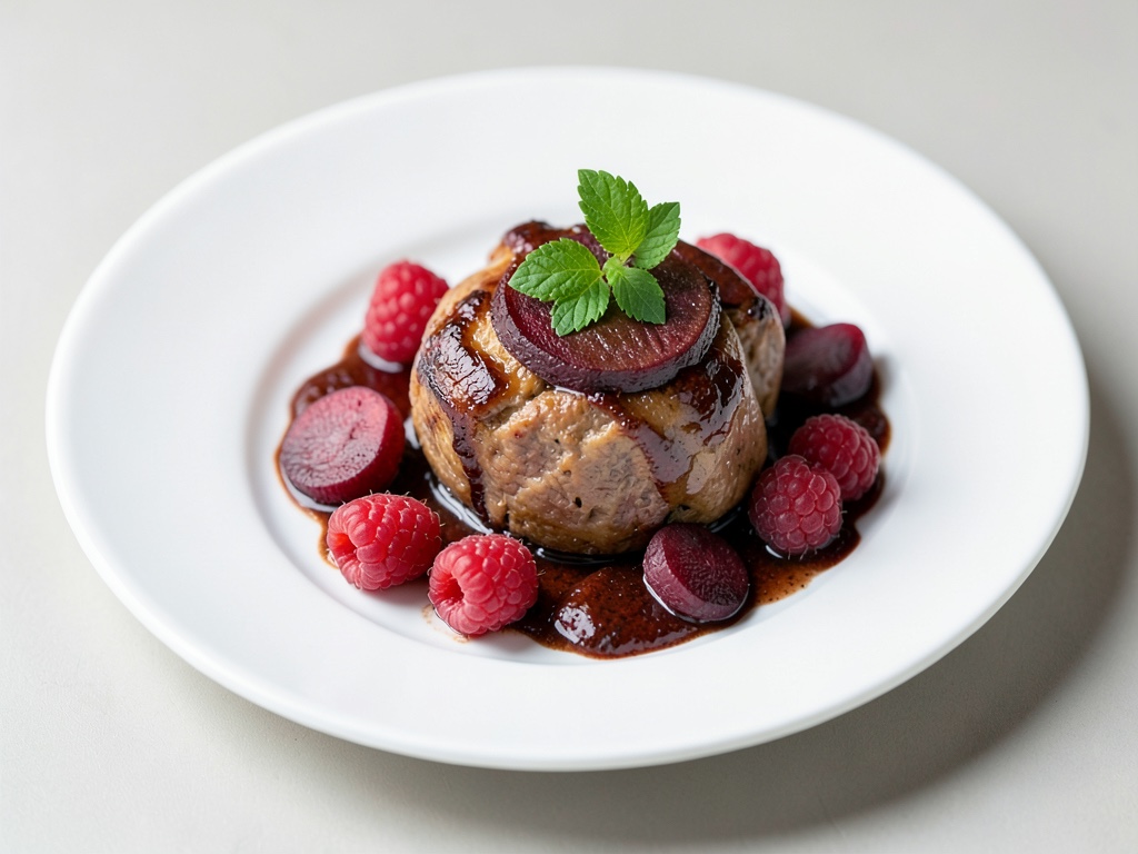 Zarte Stubenküken mit roten Rüben und frischen Himbeeren