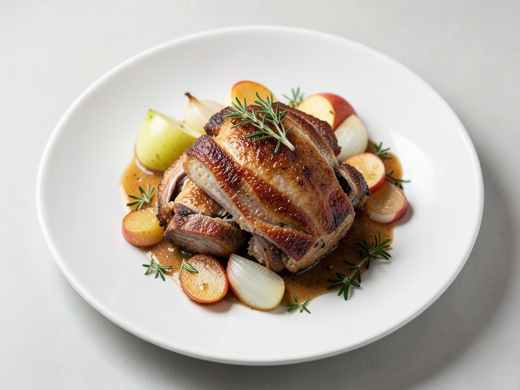 Morceaux de magret de canard croustillants aux pommes, oignons et herbes