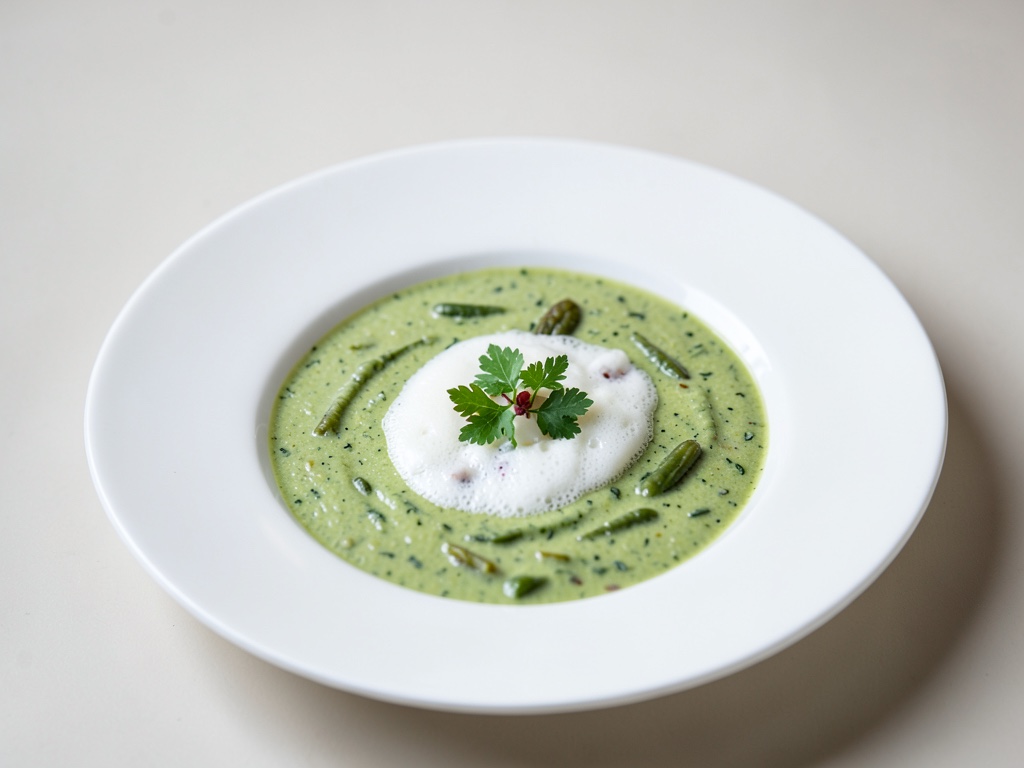 Zuppa cremosa di asparagi verdi con schiuma di latte