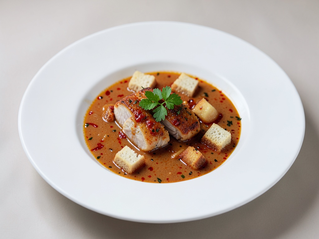 Zuppa di pesce dolce e piccante con crostini