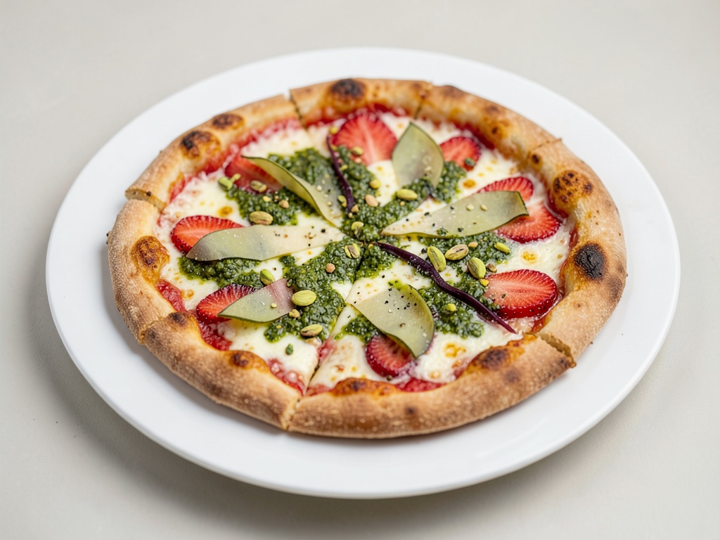 Dolce pizza di fragole con marzapane e pesto di pistacchi