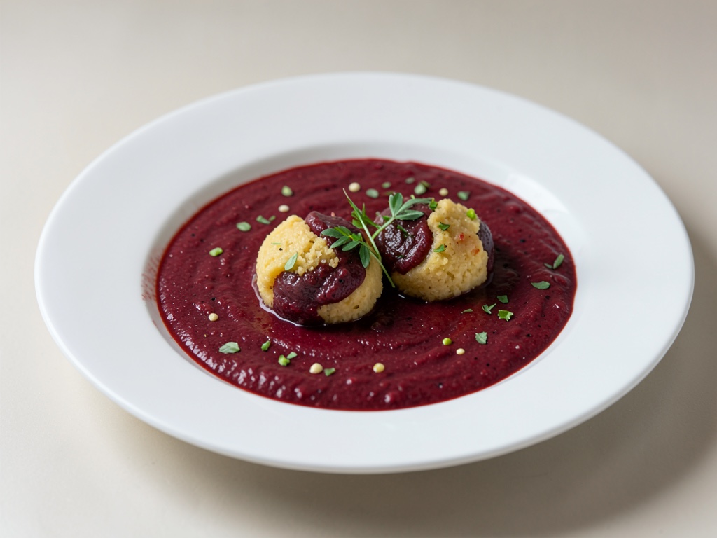Sopa dulce de remolacha con ñoquis de polenta y ciruelas