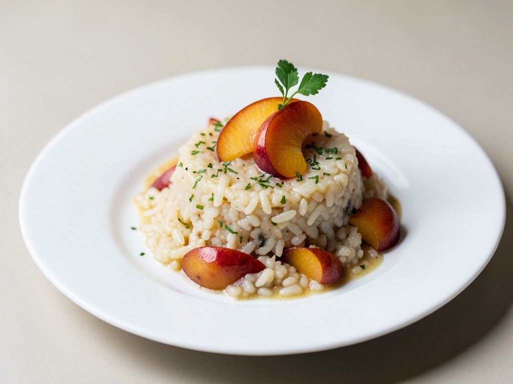 Dolce piatto di riso con pesche