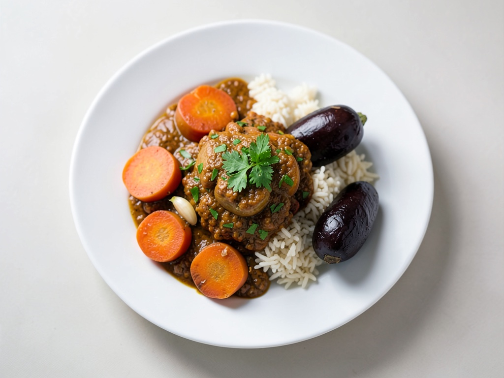 Crema di curry con patate dolci e melanzane e riso alle erbe