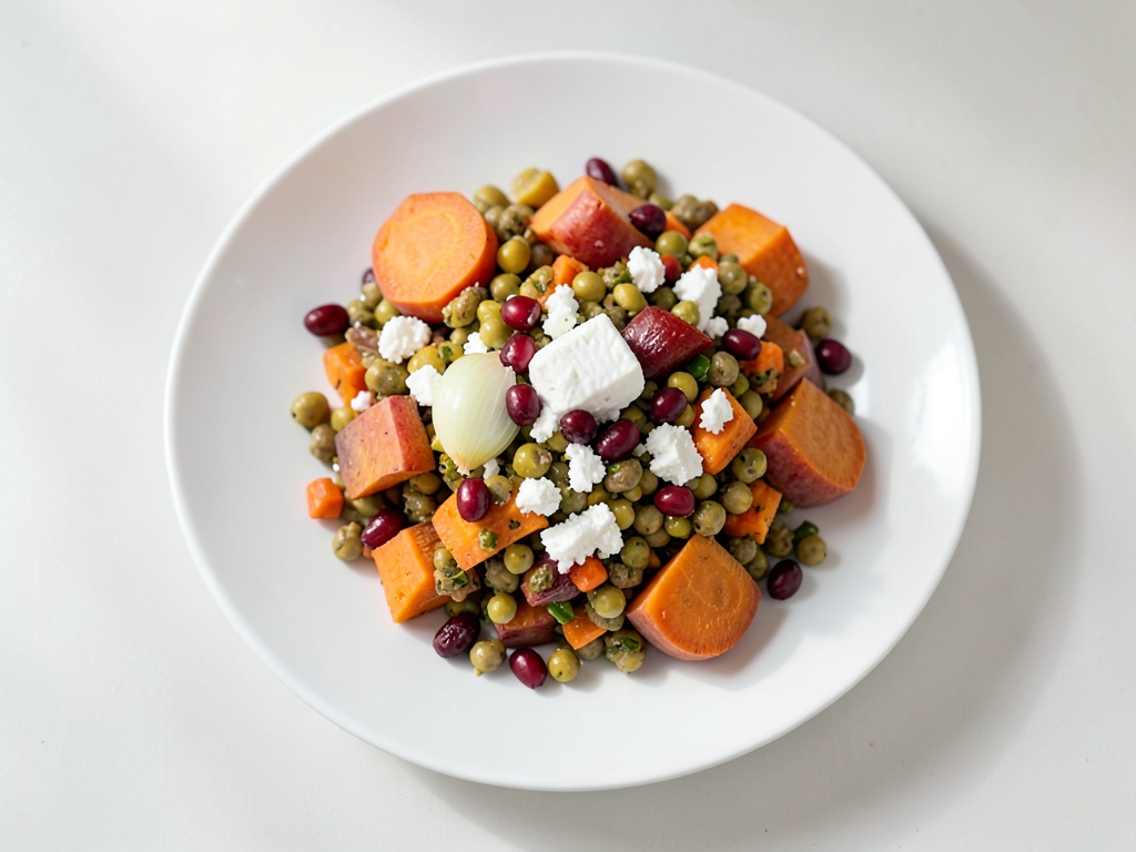 Mix di patate dolci e ceci con feta e semi di melograno
