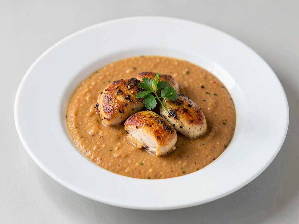 Sopa cremosa de boniato y coco con pollo marinado